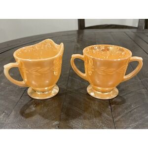 Vintage Fire King Oven Ware Peach Luster Laurel Leaf‎ Cream and Sugar Bowl Set